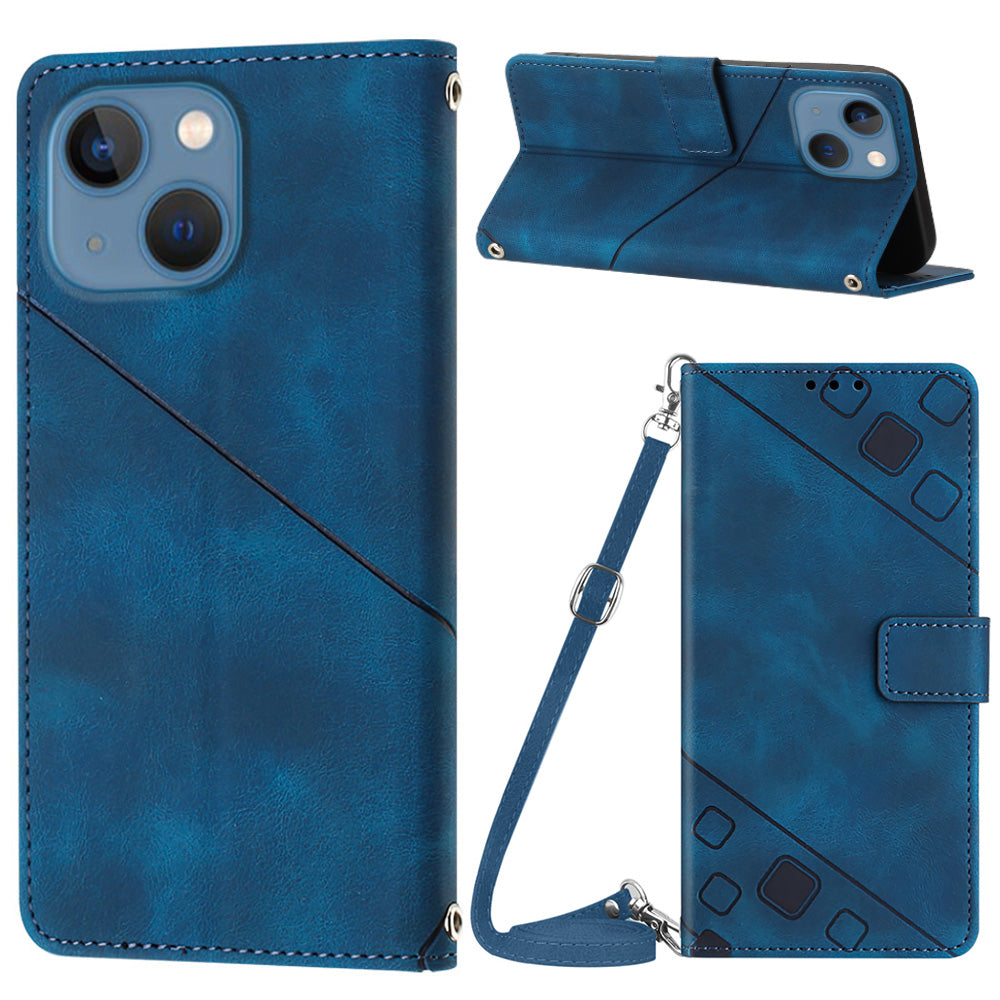 PT005 YB Imprinting Series-7 for iPhone 15 Plus PU Leather Cover Wallet Stand Phone Case with Shoulder Strap - Sapphire PT005 YB Imprinting Series-7 for iPhone 15 Plus PU Leather Cover Wallet Stand Phone Case with Shoulder Strap - Sapphire